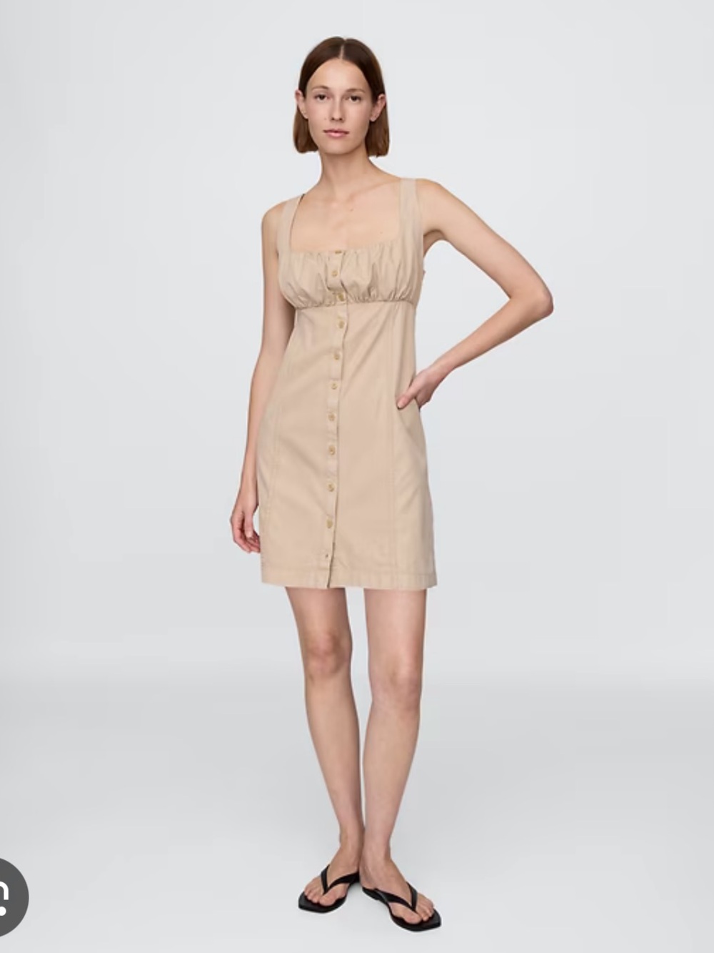 GAP Neutral Beige Shirred Button-Front Mini Dress